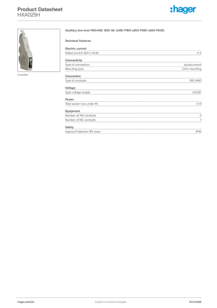 Image Hager Product data sheet HXA025H  | Hager