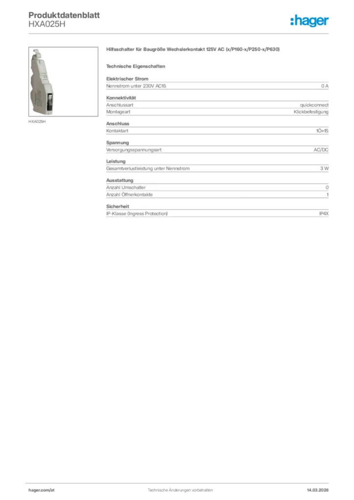 Bild Hager Produktdatenblatt HXA025H | Hager Deutschland