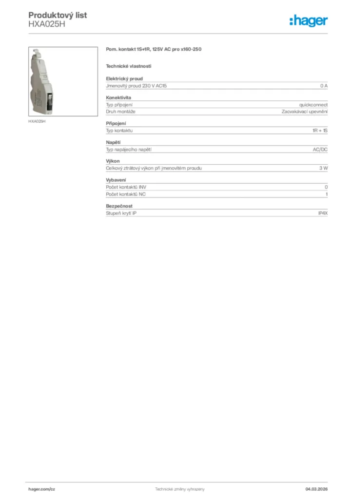 Obrázek Hager Product data sheet HXA025H | Hager