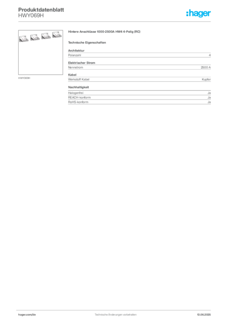 Bild Hager Produktdatenblatt HWY069H | Hager Deutschland