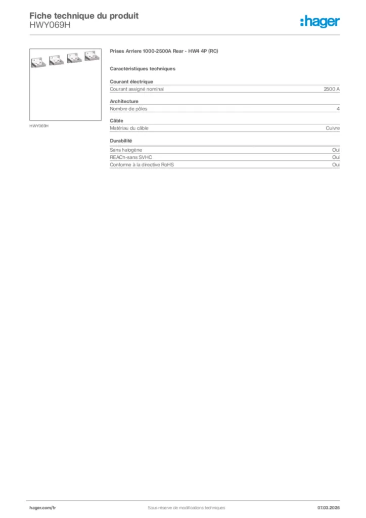 Image Hager Fiche technique du produit HWY069H | Hager France