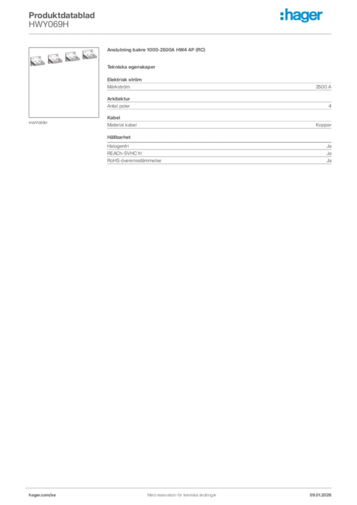 Bild Hager Produktdatablad HWY069H | Hager Sverige