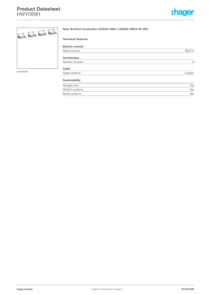 Image Hager Product data sheet HWY069H  | Hager Australia