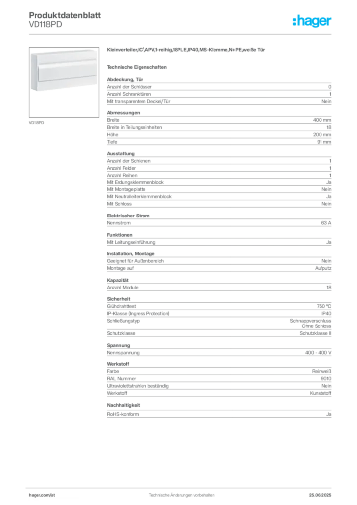 Bild Hager Produktdatenblatt VD118PD | Hager Deutschland