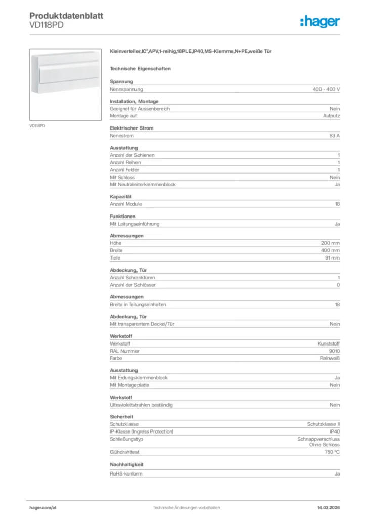 Bild Hager Produktdatenblatt VD118PD | Hager Deutschland
