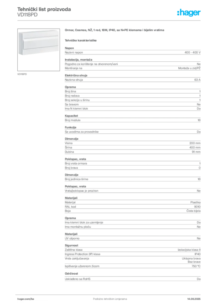 Slika Hager Product data sheet VD118PD  | Hager