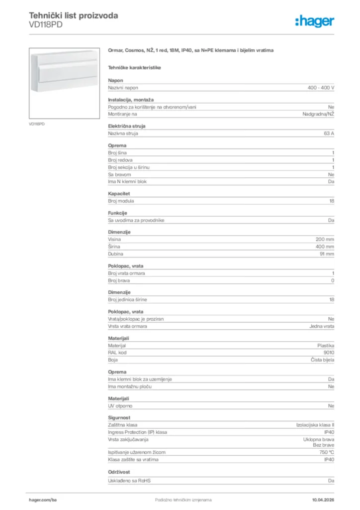Slika Hager Tehnički list proizvoda VD118PD  | Hager