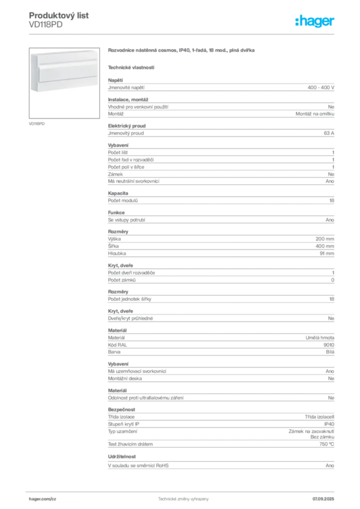Obrázek Hager Produktový list VD118PD | Hager