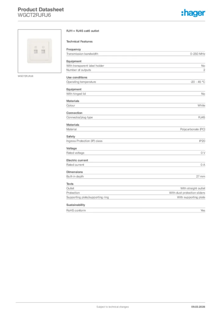 Image Hager Product data sheet WGCT2RJRJ6  | Hager Africa