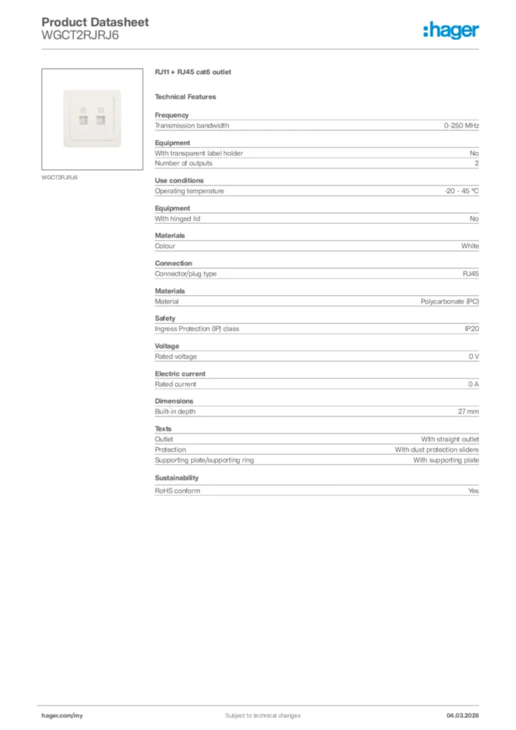 Image Hager Product data sheet WGCT2RJRJ6  | Hager