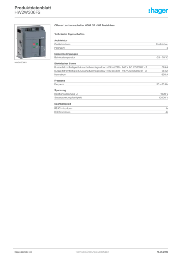 Bild Hager Produktdatenblatt HW2W306FS | Hager Schweiz