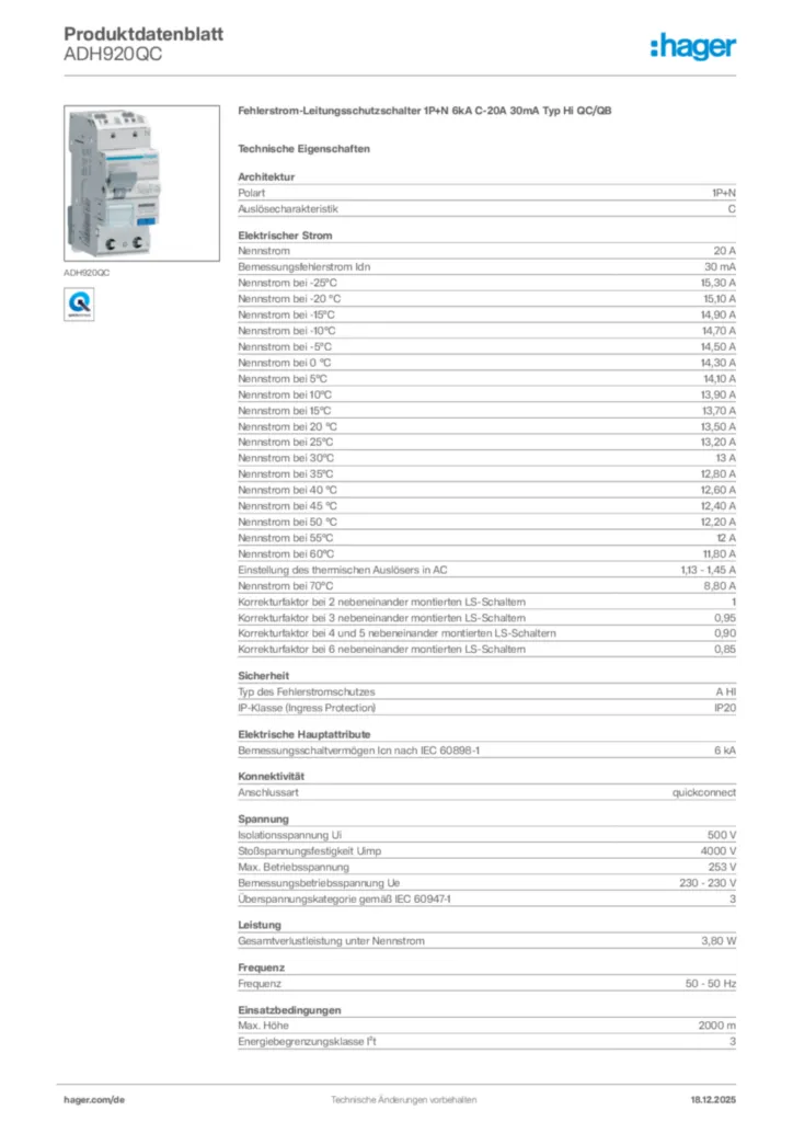 Bild Hager Produktdatenblatt ADH920QC | Hager Deutschland