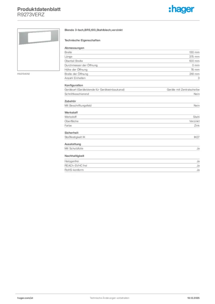 Bild Hager Produktdatenblatt R9273VERZ | Hager Deutschland