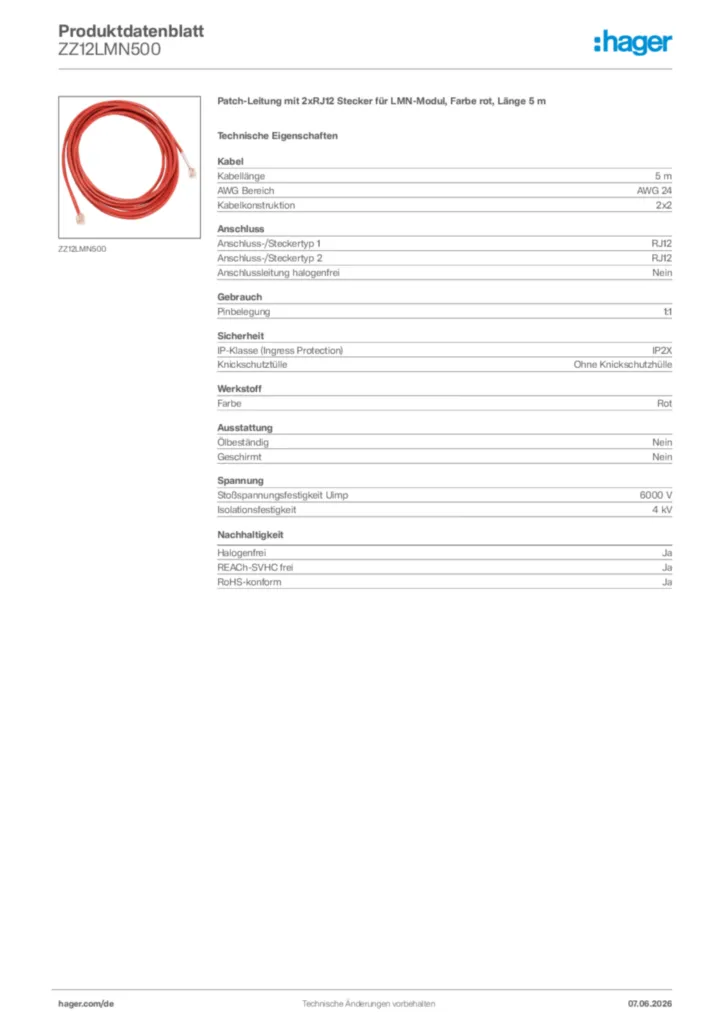 Bild Hager Produktdatenblatt ZZ12LMN500 | Hager Deutschland