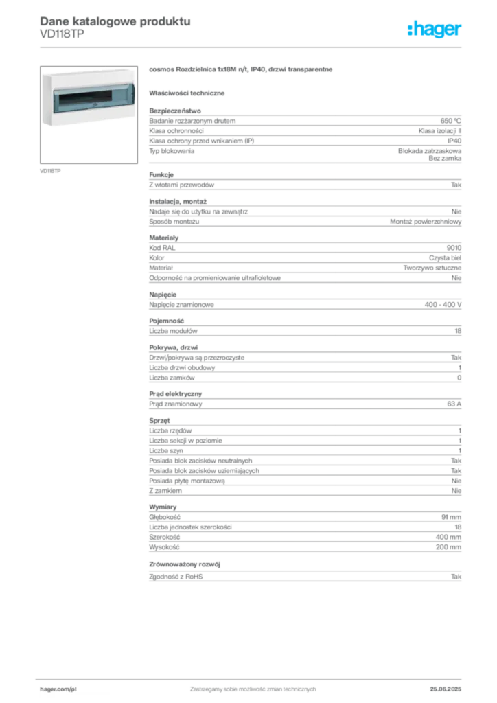 Zdjęcie Hager Karta katalogowa VD118TP | Hager Polska
