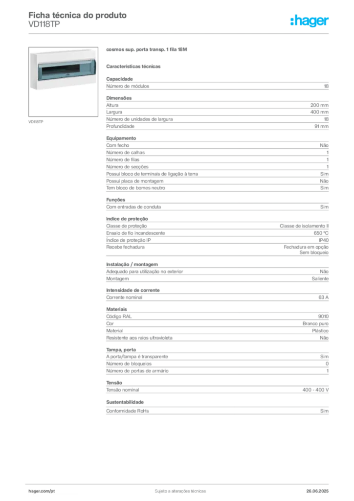 Imagem Hager Ficha técnica do produto VD118TP | Hager Portugal