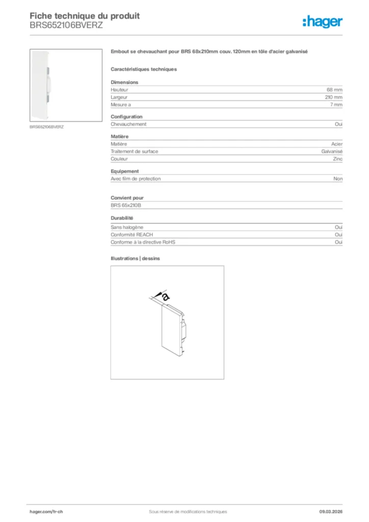 Image Hager Fiche technique du produit BRS652106BVERZ | Hager Suisse