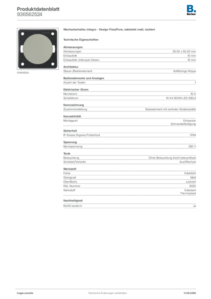 Bild Berker Produktdatenblatt 936562524 | Hager Deutschland