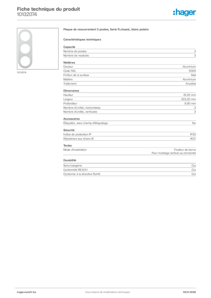 Image Hager Fiche technique du produit 10132074 | Hager Belgique