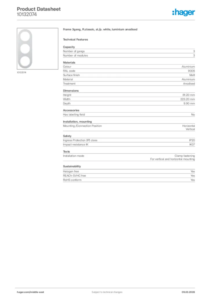 Image Hager Product data sheet 10132074  | Hager