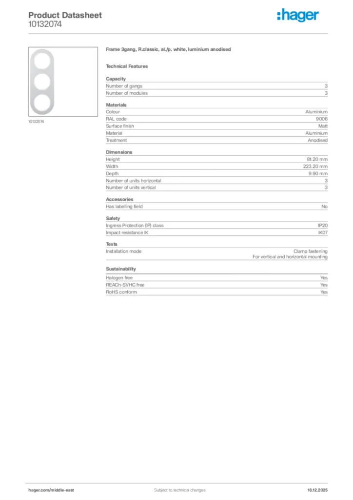 Image Hager Product data sheet 10132074  | Hager