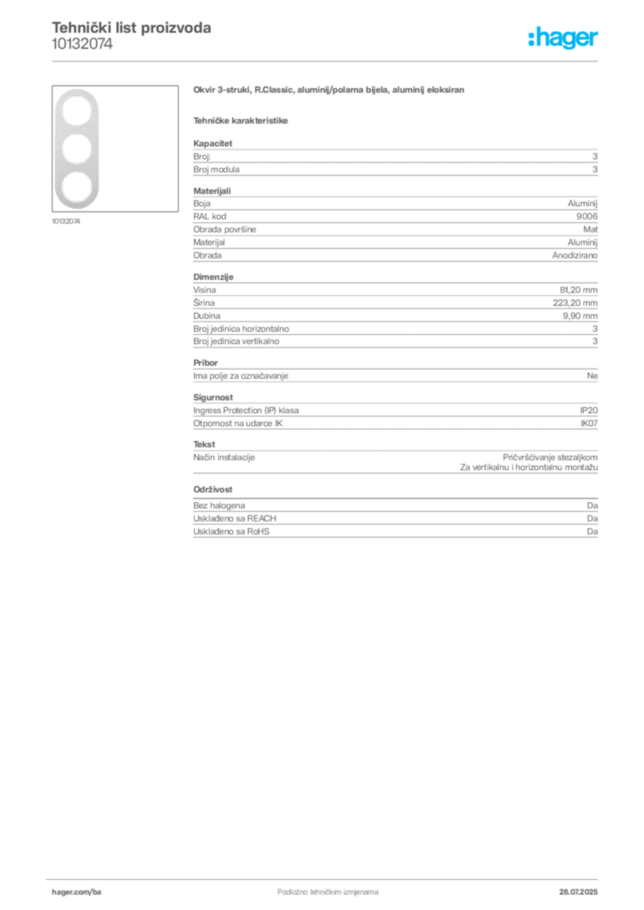 Slika Hager Product data sheet 10132074  | Hager