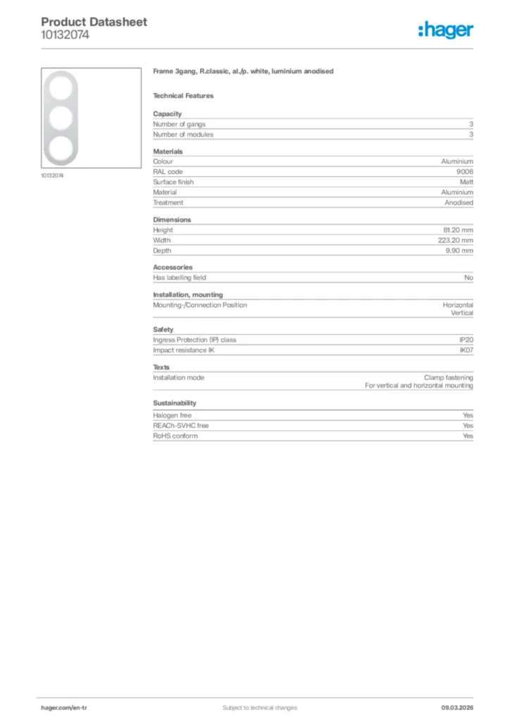 Image Hager Product data sheet 10132074  | Hager