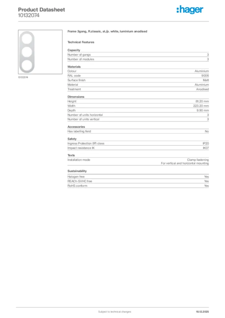 Image Hager Product data sheet 10132074  | Hager