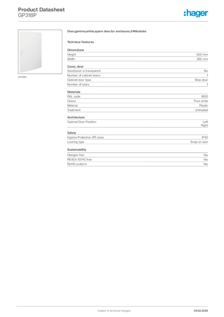 Image Hager Product data sheet GP318P  | Hager Africa