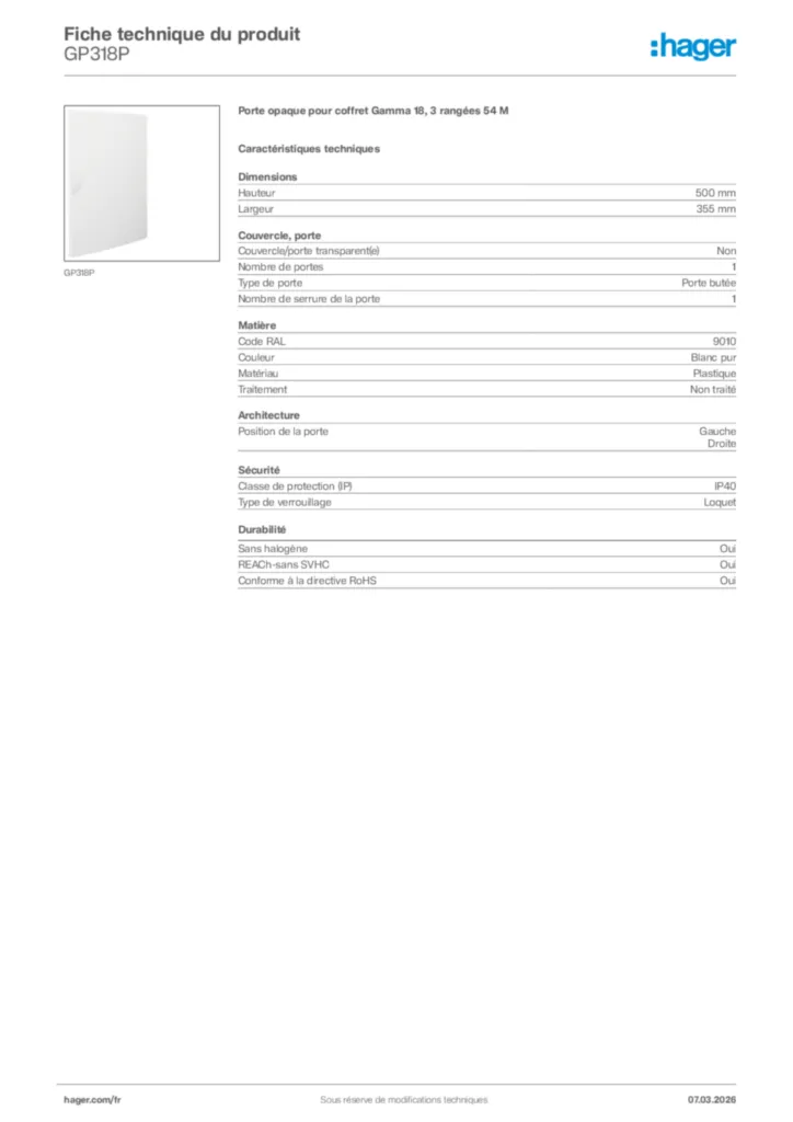Image Hager Fiche technique du produit GP318P | Hager France