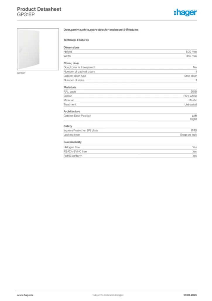 Image Hager Product data sheet GP318P  | Hager