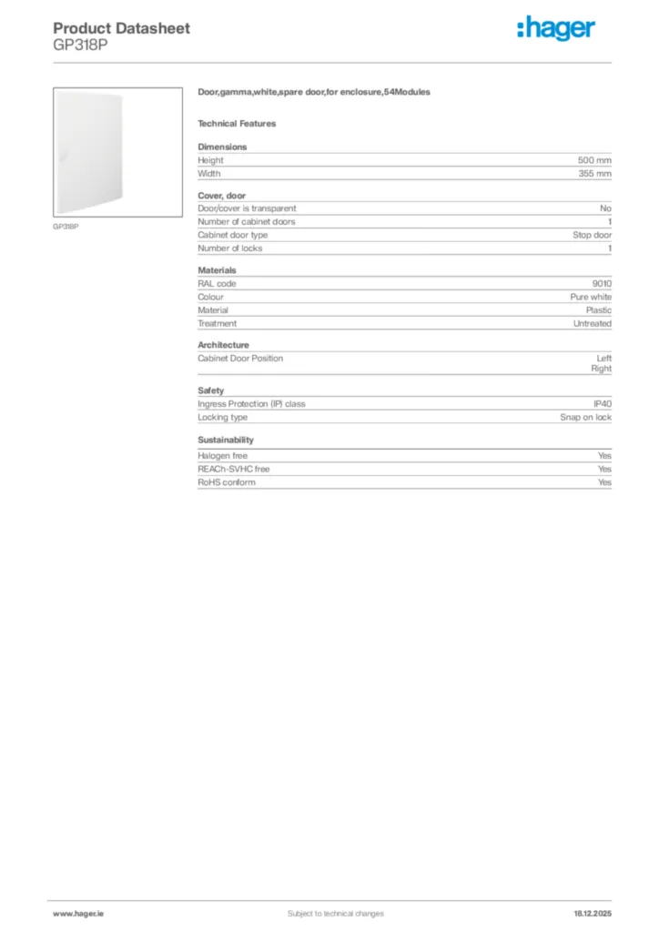 Image Hager Product data sheet GP318P  | Hager