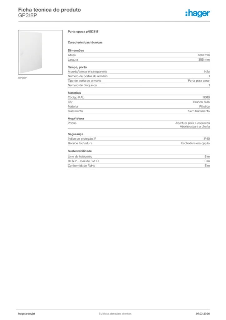 Imagem Hager Ficha técnica do produto GP318P | Hager Portugal