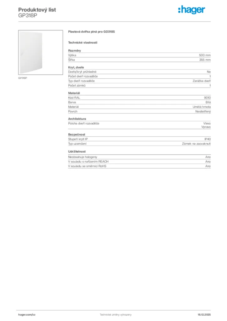 Obrázek Hager Produktový list GP318P | Hager