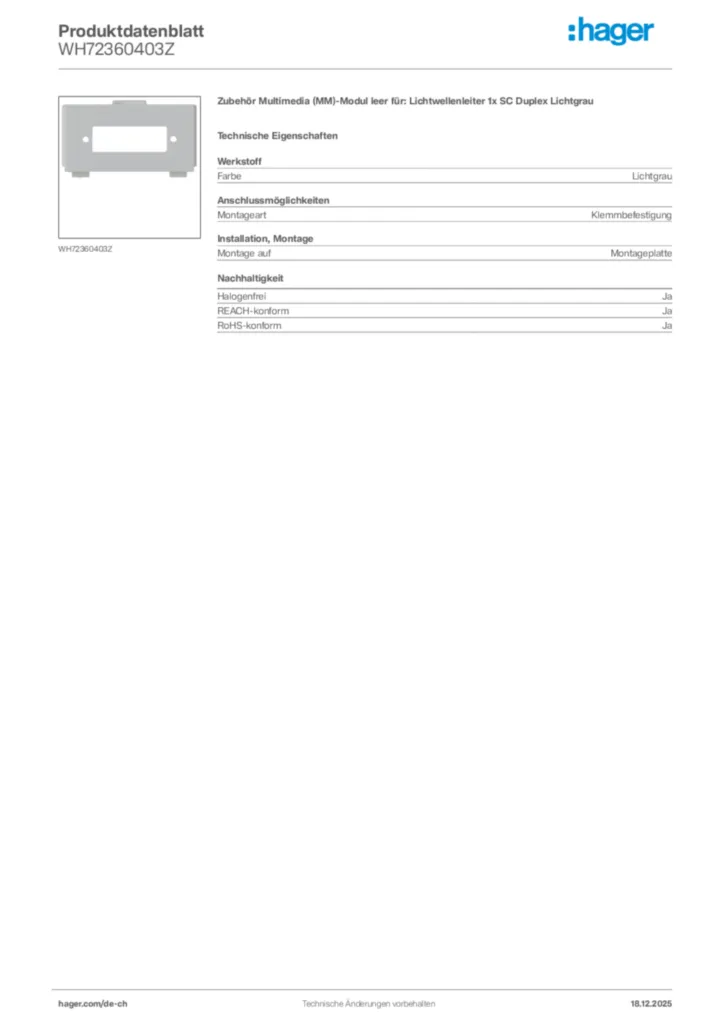 Bild Hager Produktdatenblatt WH72360403Z | Hager Schweiz