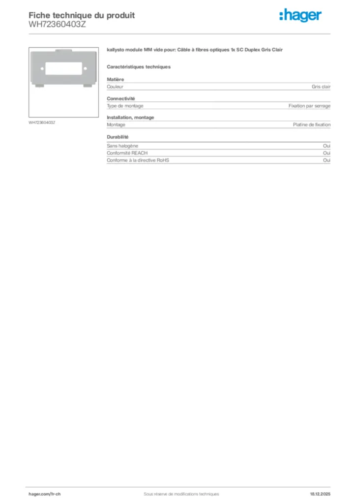 Image Hager Fiche technique du produit WH72360403Z | Hager Suisse