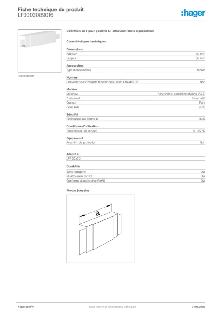 Image Hager Fiche technique du produit LF3003089016 | Hager France