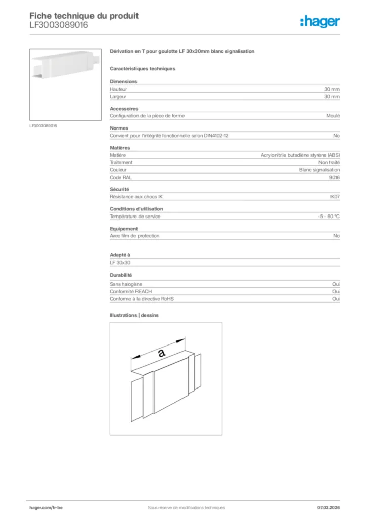 Image Hager Fiche technique du produit LF3003089016 | Hager Belgique