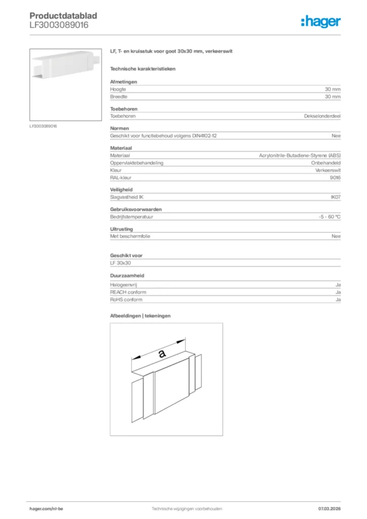 Afbeelding Hager Productdatablad LF3003089016 | Hager Belgium