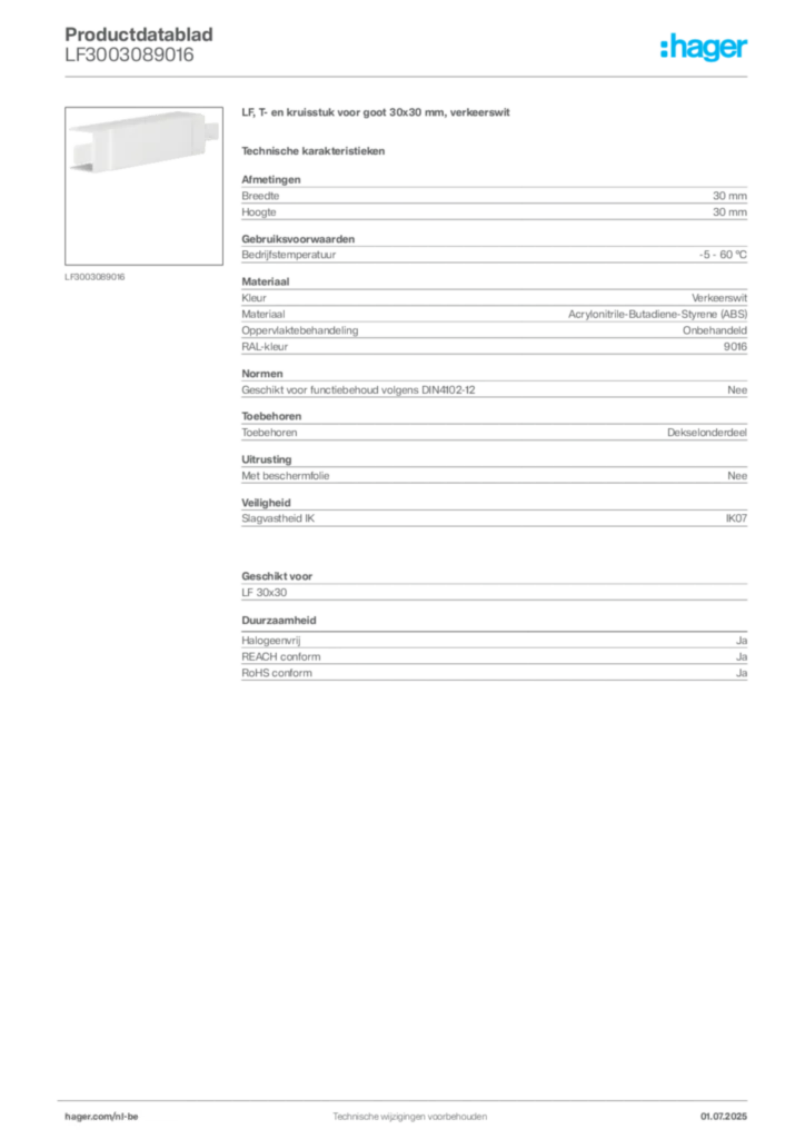 Afbeelding Hager Productdatablad LF3003089016 | Hager Belgium