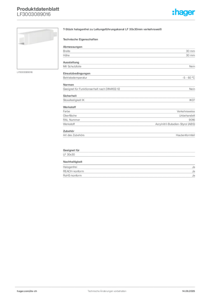 Bild Hager Produktdatenblatt LF3003089016 | Hager Schweiz