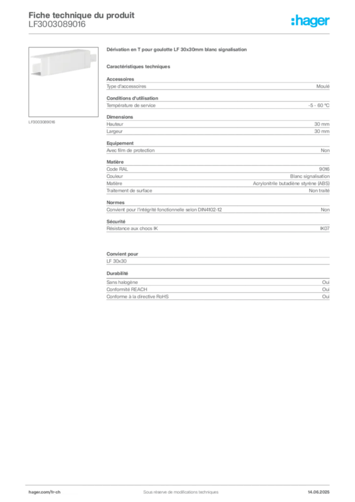 Image Hager Fiche technique du produit LF3003089016 | Hager Suisse