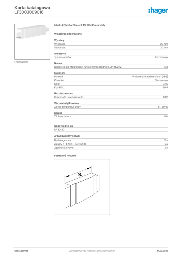 Zdjęcie Hager Karta katalogowa LF3003089016 | Hager Polska