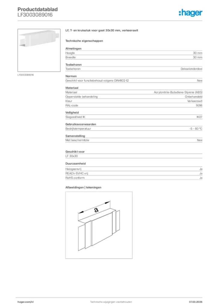 Afbeelding Hager Productdatablad LF3003089016 | Hager Nederland