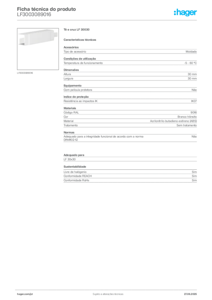 Imagem Hager Ficha técnica do produto LF3003089016 | Hager Portugal