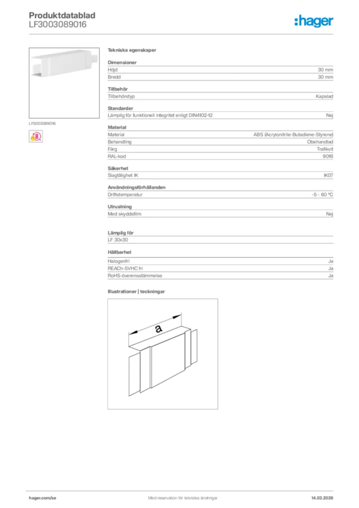 Bild Hager Produktdatablad LF3003089016 | Hager Sverige