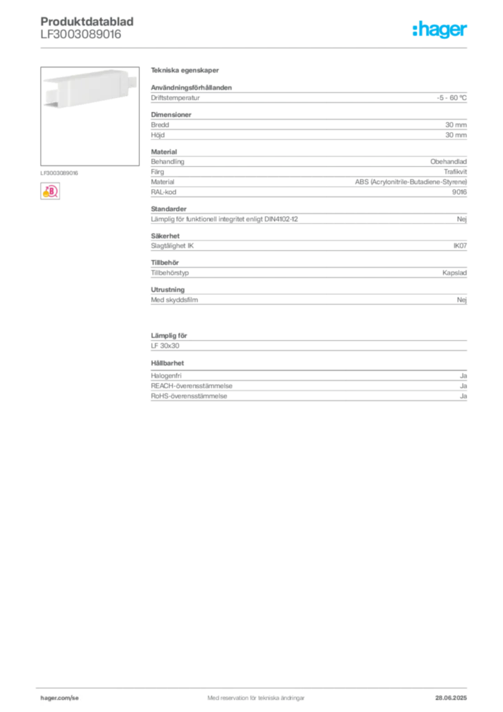 Bild Hager Produktdatablad LF3003089016 | Hager Sverige