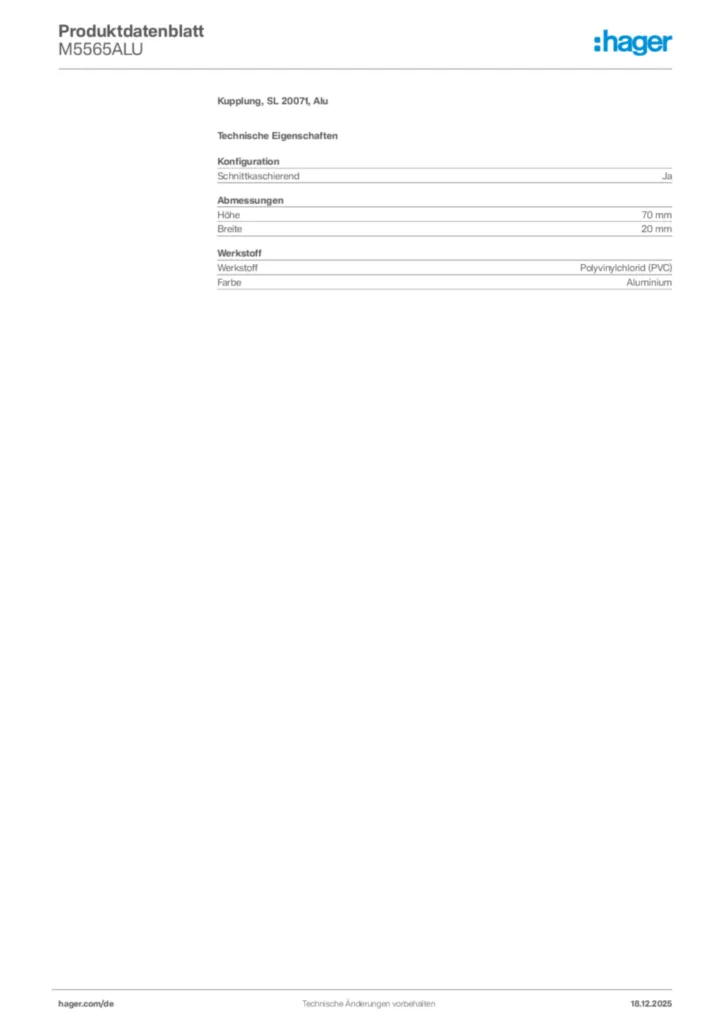 Bild Hager Produktdatenblatt M5565ALU | Hager Deutschland