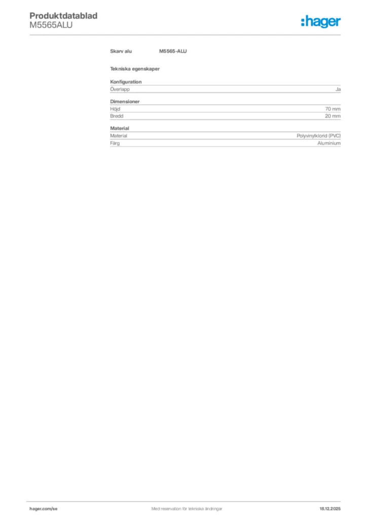 Bild Hager Produktdatablad M5565ALU | Hager Sverige