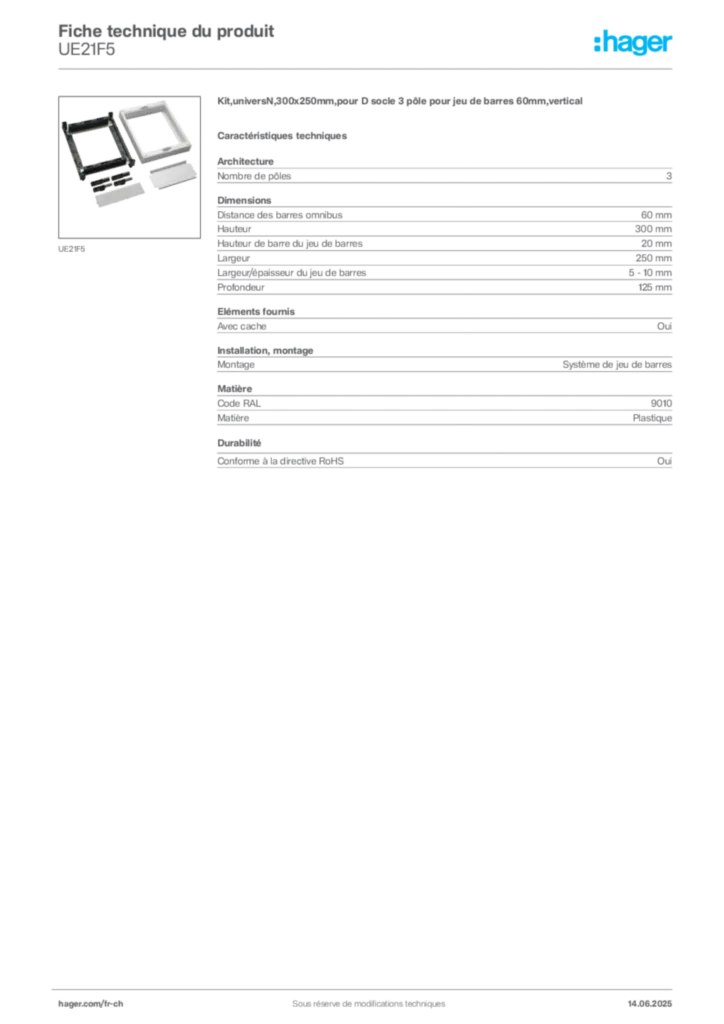 Image Hager Fiche technique du produit UE21F5 | Hager Suisse